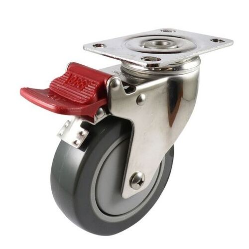 Urethane Wheel G7, 100mm Stainless Steel Swivel Plate CASTOR With Brake - Grey