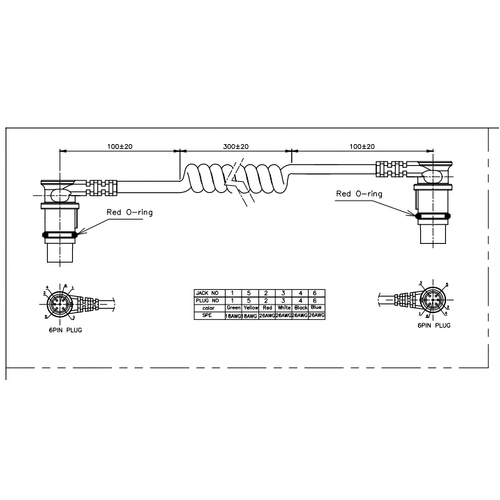 Seers Medical Bed - Timotion Actuator Cable - 6 Pin Male To 6 Pin Male Right Angle Plugs - Coiled - Red Ring - 500mm