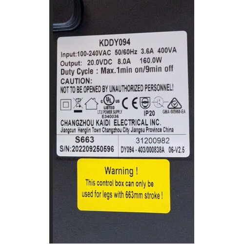 To Suit Up/Down Table, 100-240VAC Model S663, CONTROL BOX