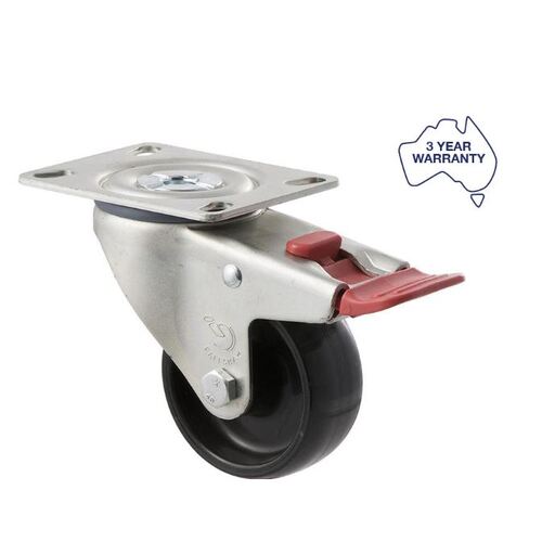Fallshaw M Series - 75mm BRAKE Castor - Black Hard Nylon Wheel - Swivel ISO Plate