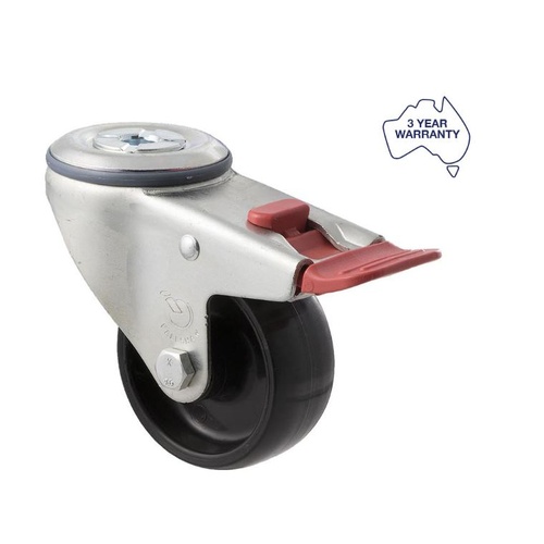 Fallshaw M Series - 75mm BRAKE Castor - Black Hard Nylon Wheel - 12.7mm Bolt Hole