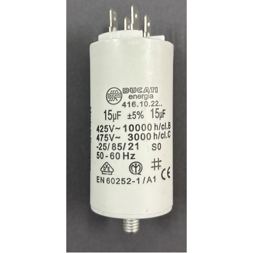 Ducati 15uF 450VAC Run Capacitor With Double Faston Terminals And Bottom Mounting Thread, Nut & Washer