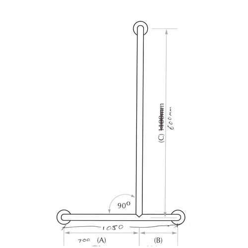 CUSTOM: 1050mm Horizontal 600mm Vertical T Shower Grabrail (RIGHT) AS PER DRAWING