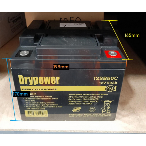 Drypower Sealed Lead Acid Battery - 12v 50Ah - L 198mm x W 166mm x H 171mm - M6